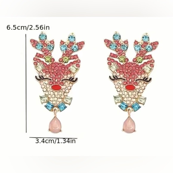 💖 Pink Rhinestone Jewelled Reindeer Dangle Earrings - Picture 3 of 3